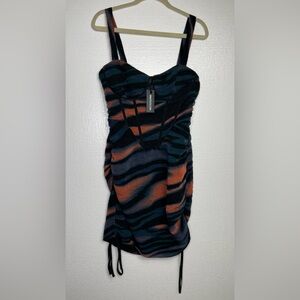 PrettyLittleThing Layered Print Woven Corset Detail Tie Side Bodycon Dress sz 8